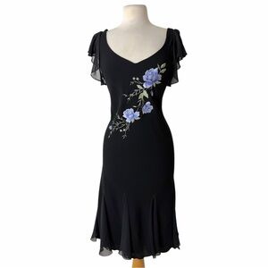 Vtg 90s Whimsigoth Black Chiffon Midi Dress Blue Rose Floral Embroidery Y2K 12